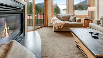 Smart TV, fireplace, DVD player, books