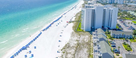 A beach with a row of umbrellas and a high-rise building adjacent to the shore.