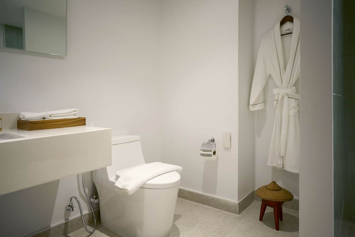 Shower, rainfall showerhead, free toiletries, hair dryer