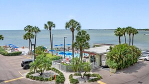 A pool area with palm trees, a building, and a view of the water.