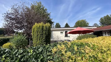 A garden with a variety of plants and a red umbrella.
