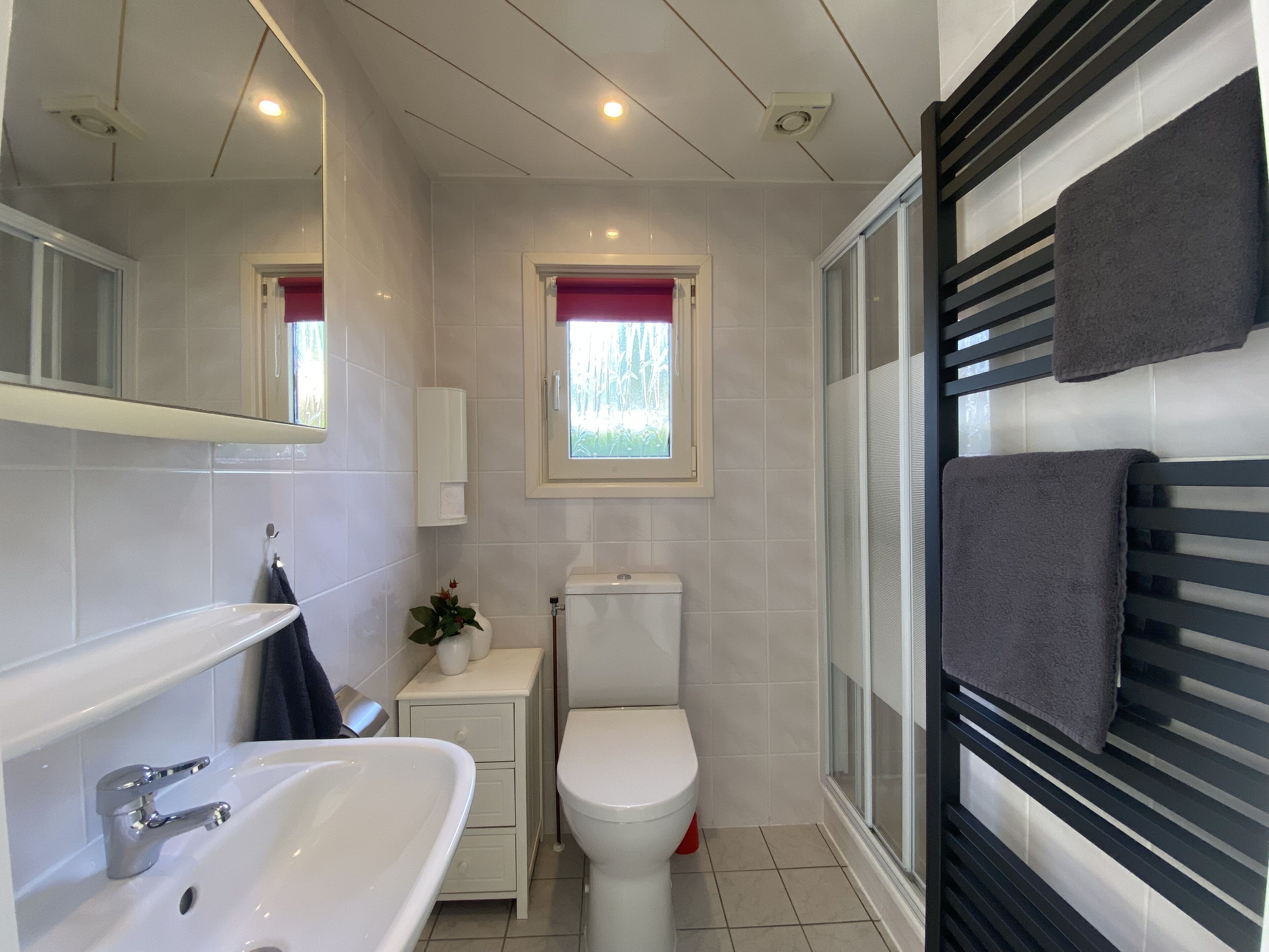 A bathroom with a white sink, toilet, and a window with a view of greenery.