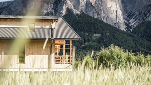 A wooden cabin with a sloped roof, a window, and a view of a mountain. - Sonus Alpis - Adults Only (Castelrotto)