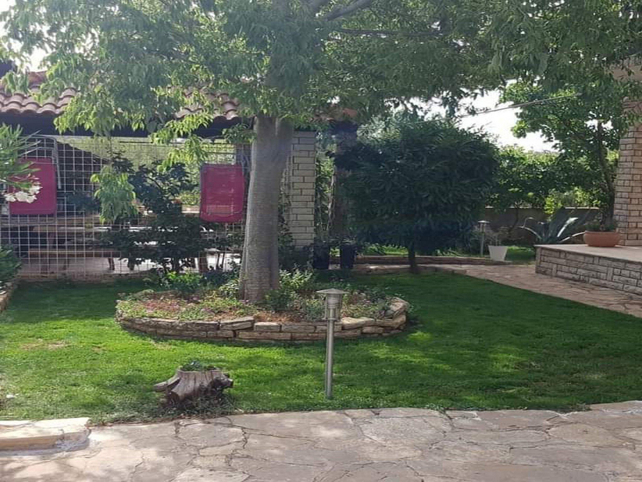 Um jardim com um caminho de pedra, uma árvore e um muro de tijolos.