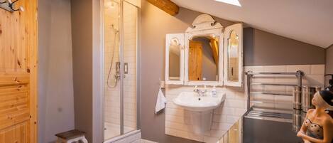 Shower, hair dryer, towels