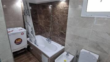 Combined shower/tub, hair dryer, bathrobes, bidet