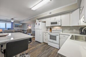 Fridge, microwave, dishwasher