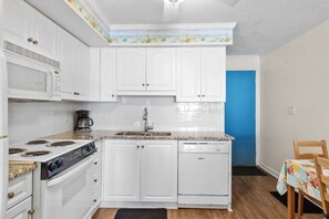 Fridge, microwave, dishwasher, coffee/tea maker