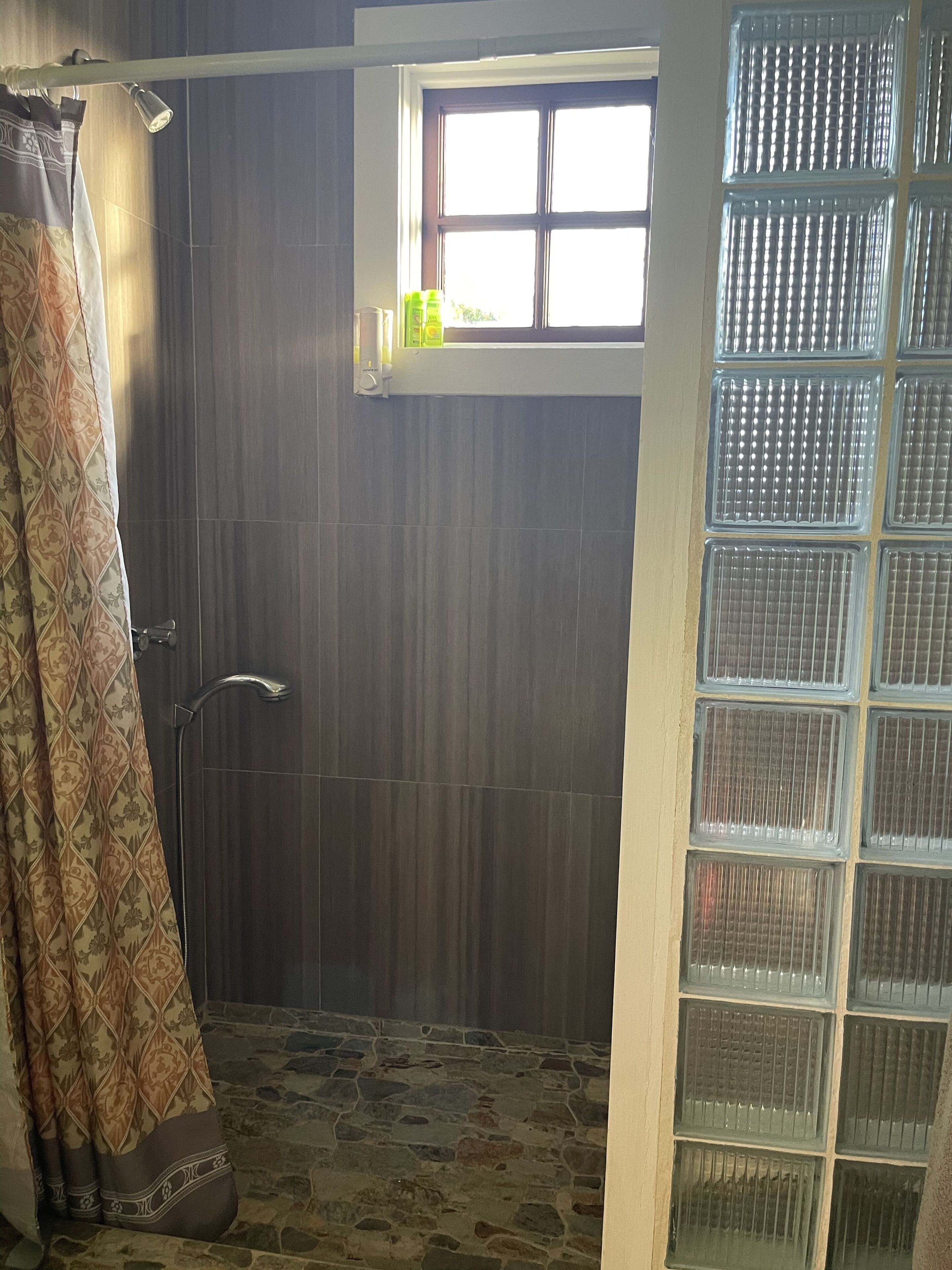 Shower, towels, soap, toilet paper