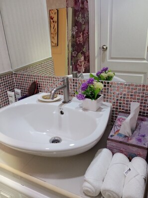 Combined shower/bathtub, hair dryer, bidet, towels