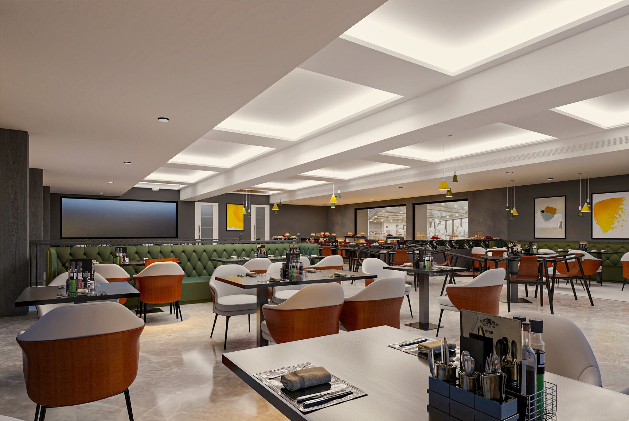 A modern restaurant with a variety of seating options, including booths and tables, and a large screen for presentations.