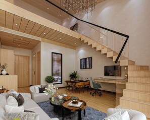 Dúplex de diseñador, 1 habitación (Suite) | Área de sala de estar | Televisión LED de 43 pulgadas con canales vía satélite y televisión 