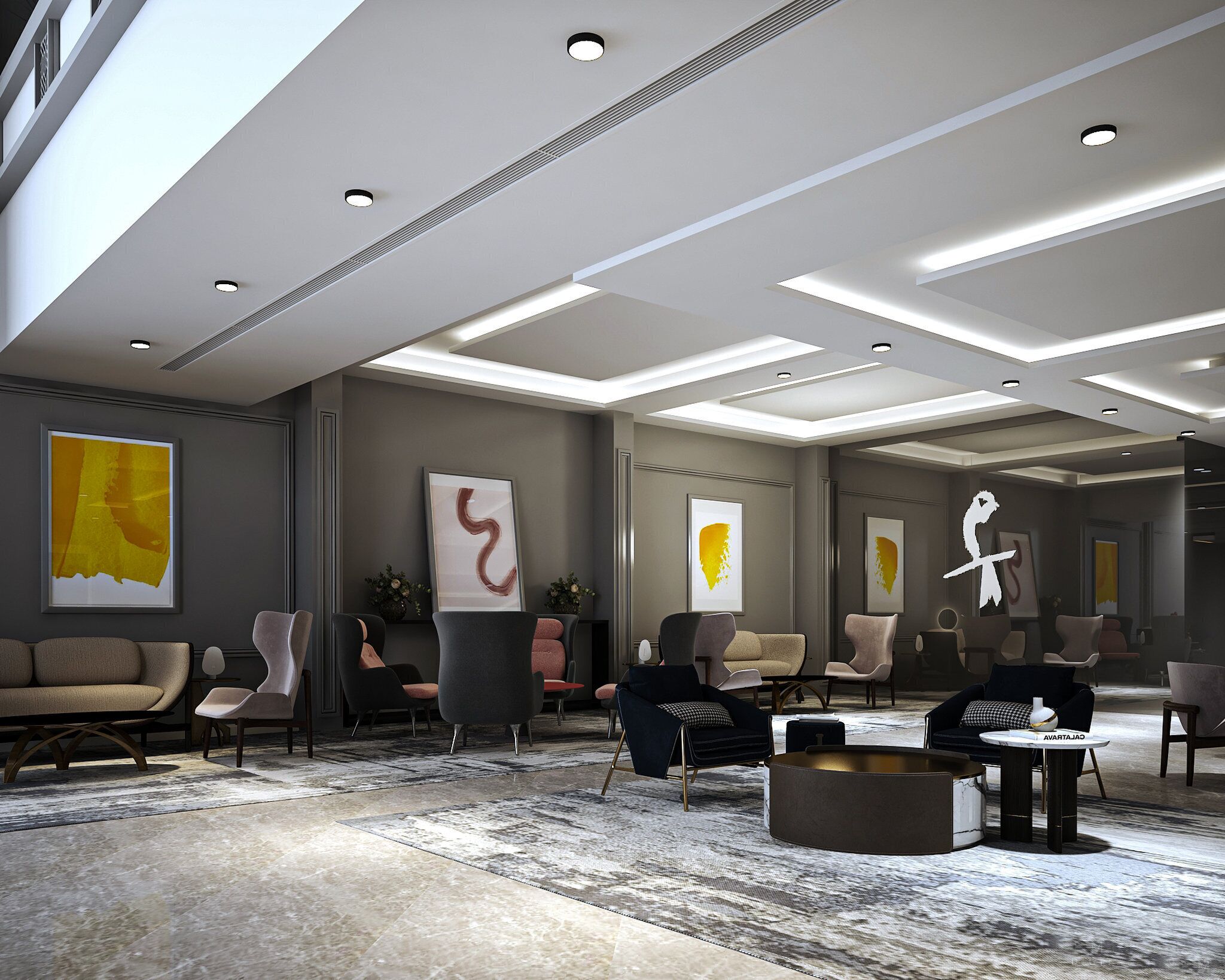 Un moderno vestíbulo de hotel con piso de mármol, muebles contemporáneos y arte abstracto en las paredes.