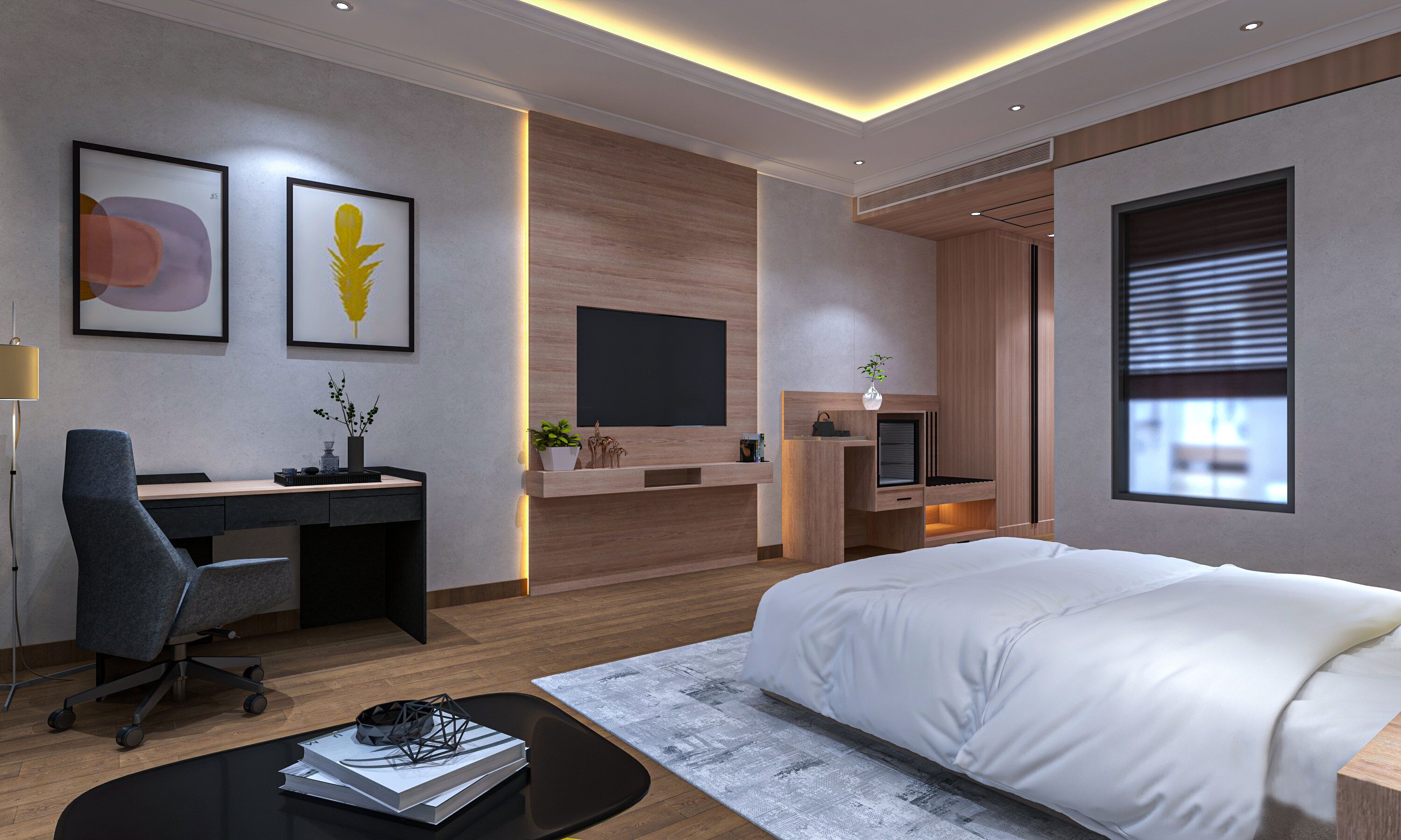 Premium bedding, minibar, desk, laptop workspace