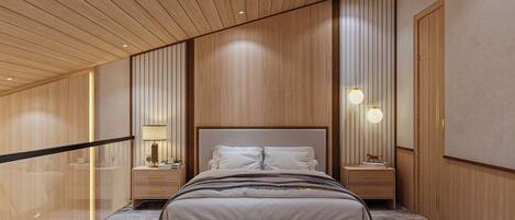A modern bedroom with a large bed, wooden panel walls, and two bedside tables with lamps.