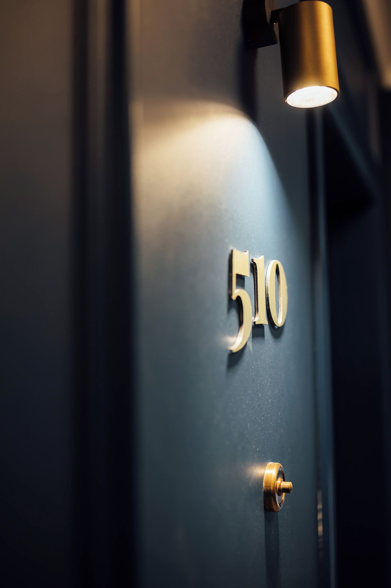 Lähikuva tummanvärisestä ovesta, jossa on kultaisilla kirjaimilla numero ”510” ja messinkinen ovenkahva.