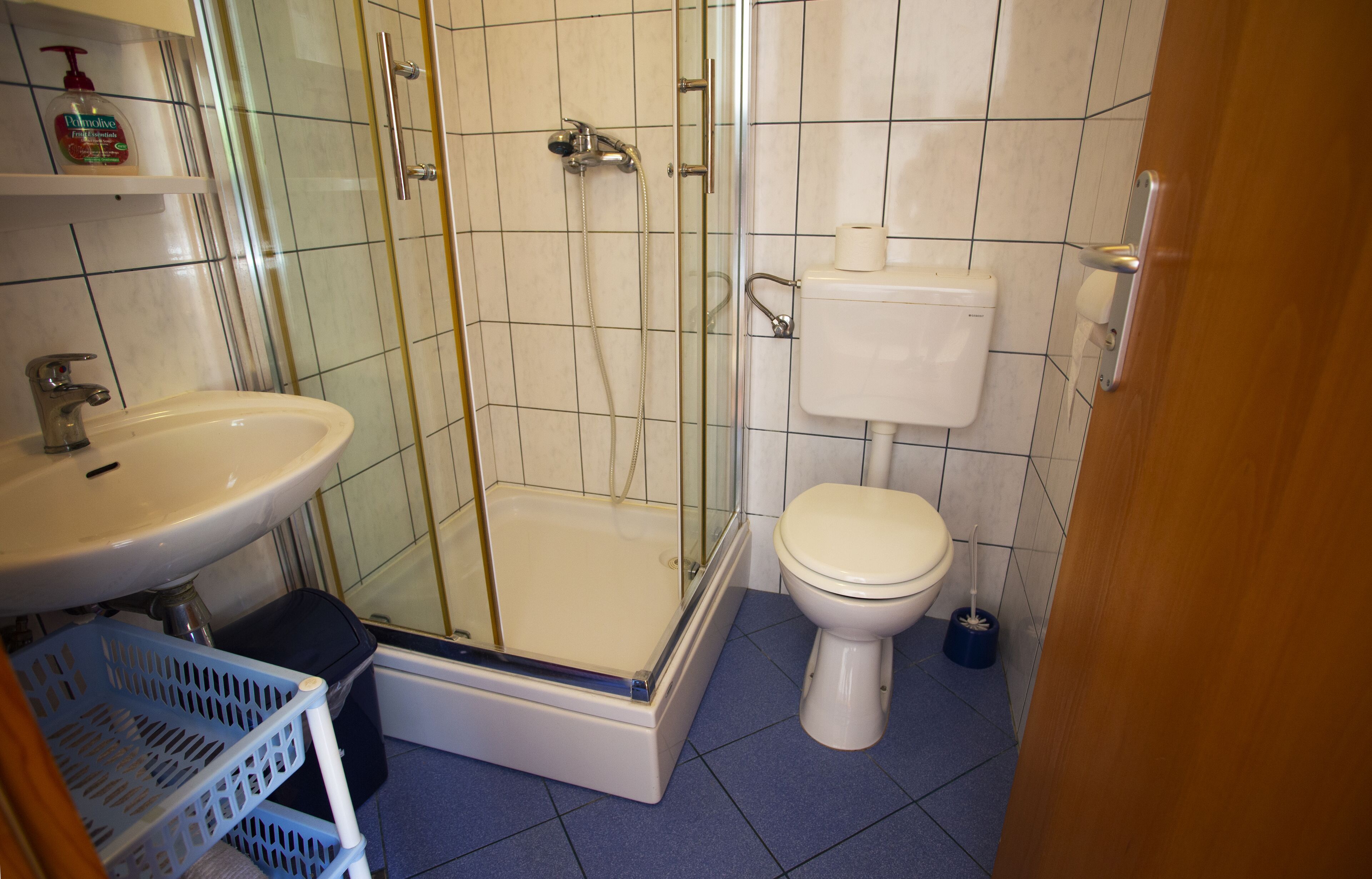 Ein Badezimmer mit Duschkabine, Toilette und Waschbecken.