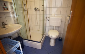 Shower, towels, toilet paper