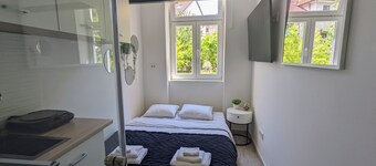 Miniscule Room w Floor Heating Tiny Ensuite Bath & 55" TV