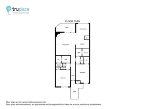 Planta baixa de um imóvel com varanda, sala de jantar, sala de estar, cozinha, dois banheiros, dois quartos e um hall de entrada.