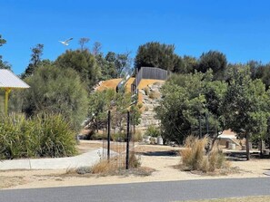 Explore a serene landscape with a winding pathway, trees, and shrubs, leading to a rocky outcrop surrounded by a metal fence.