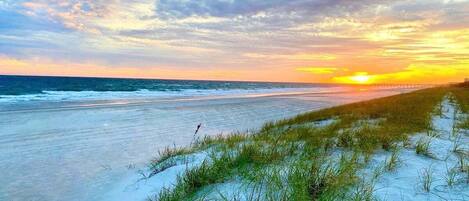 A beach with sand dunes and grass, a sunset in the background, and a pier extending into the water.