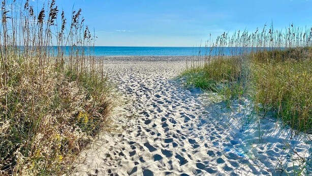 A sandy beach path with tall grasses on either side, leading to a clear blue sky and ocean. - Pet-friendly, 3 Blocks to Beach, Pool, #205 (Atlantic Beach)