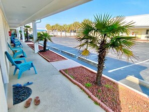Un espace extérieur abrité avec des chaises bleues, un palmier et un parking en arrière-plan.