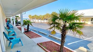 Een overdekt terras met blauwe stoelen, een palmboom en een parkeerplaats op de achtergrond.