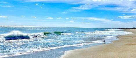 A beach with waves, a clear sky, and a few people.