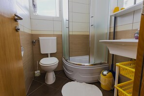 Shower, towels, toilet paper