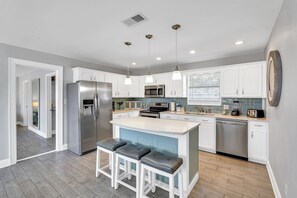 Fridge, microwave, oven, stovetop - Newly Listed! Beach House w/ Salt Water Pool; Steps from the Beach and Pier Park (Panama City Beach)