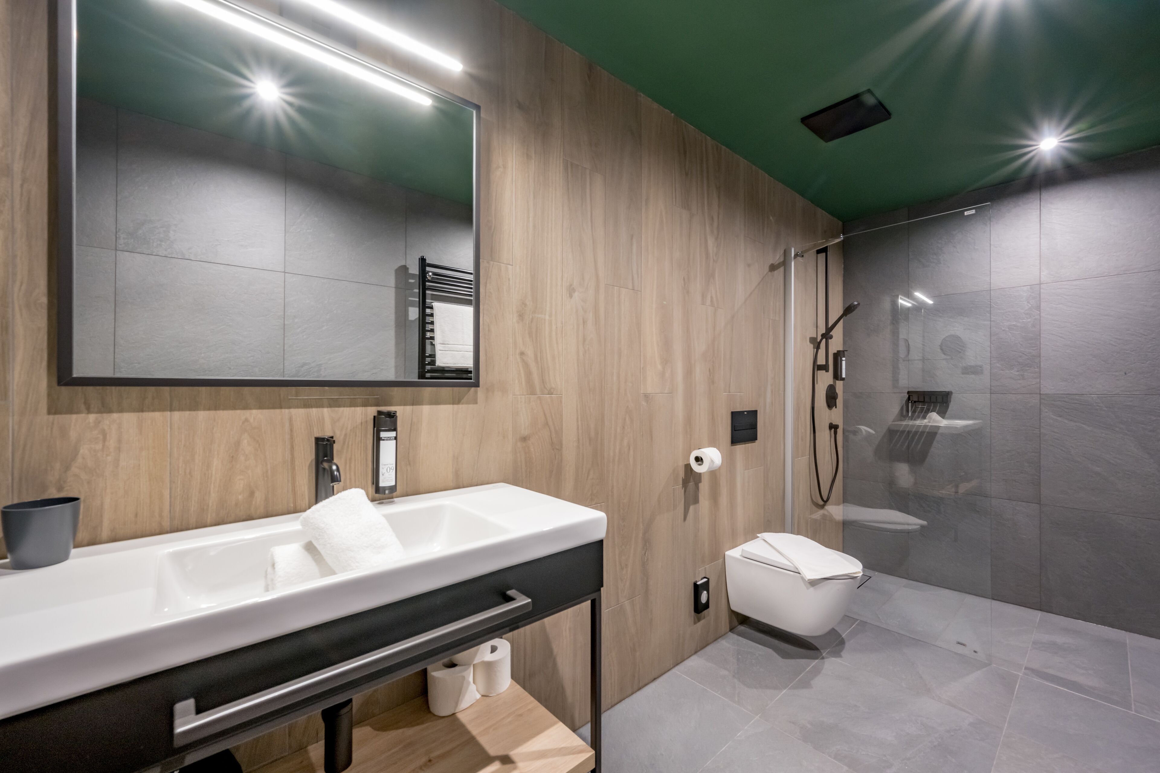 Une salle de bain moderne avec un grand miroir, un lavabo blanc, des toilettes et un espace douche.