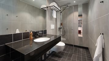 Shower, hydromassage showerhead, designer toiletries, hair dryer