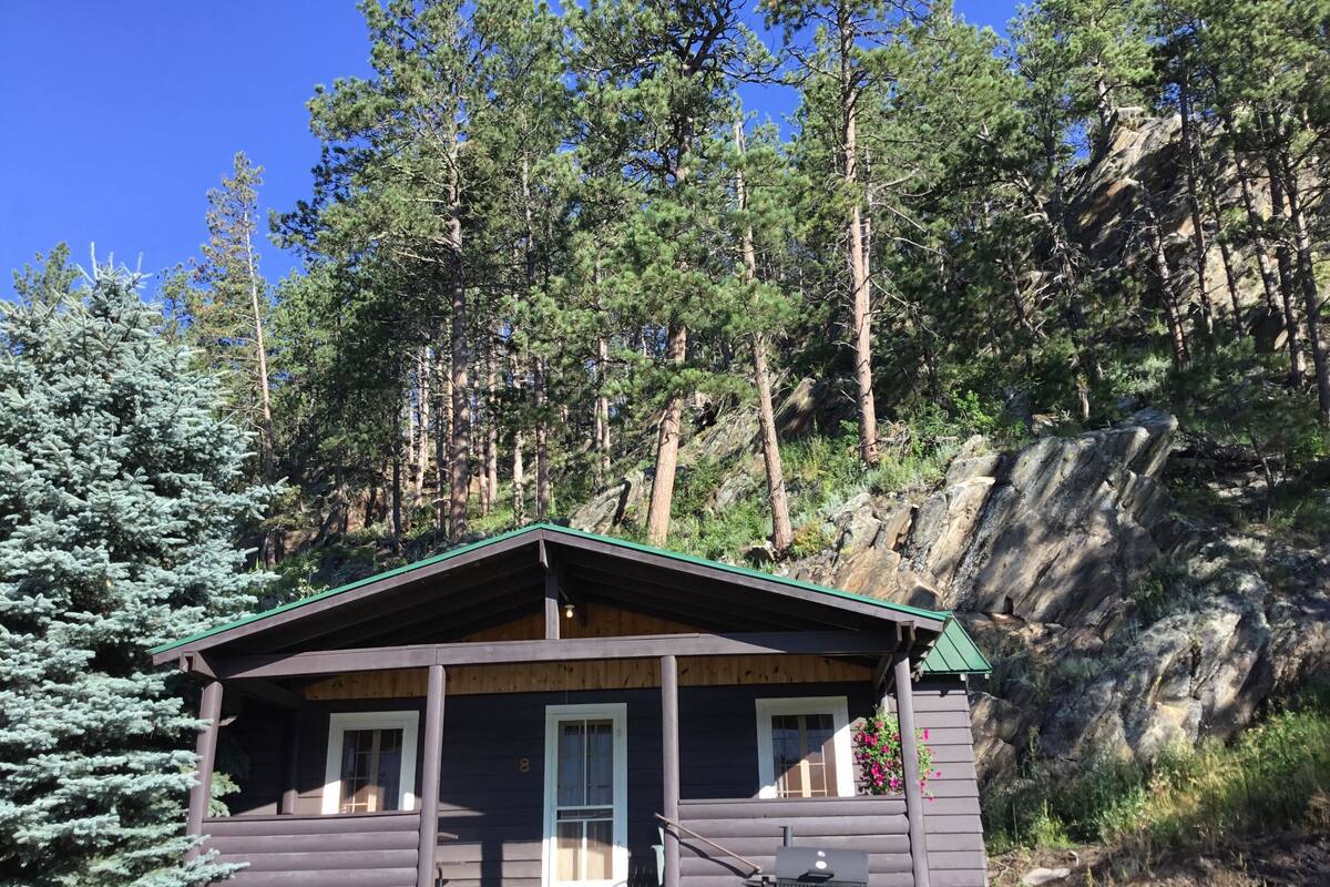 A cabin with a green roof, wooden walls, and a porch with a grill.