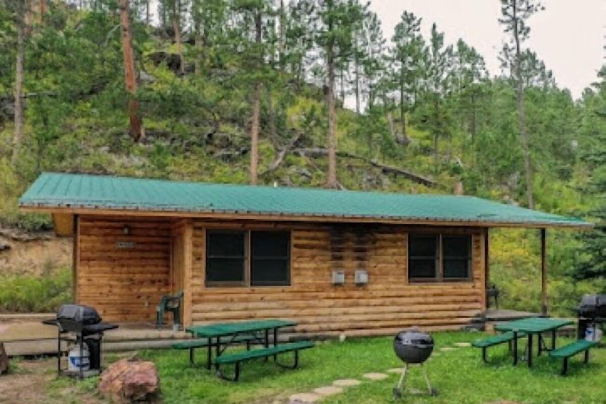 A rustic cabin with a green roof, wooden walls, and a porch with picnic tables.