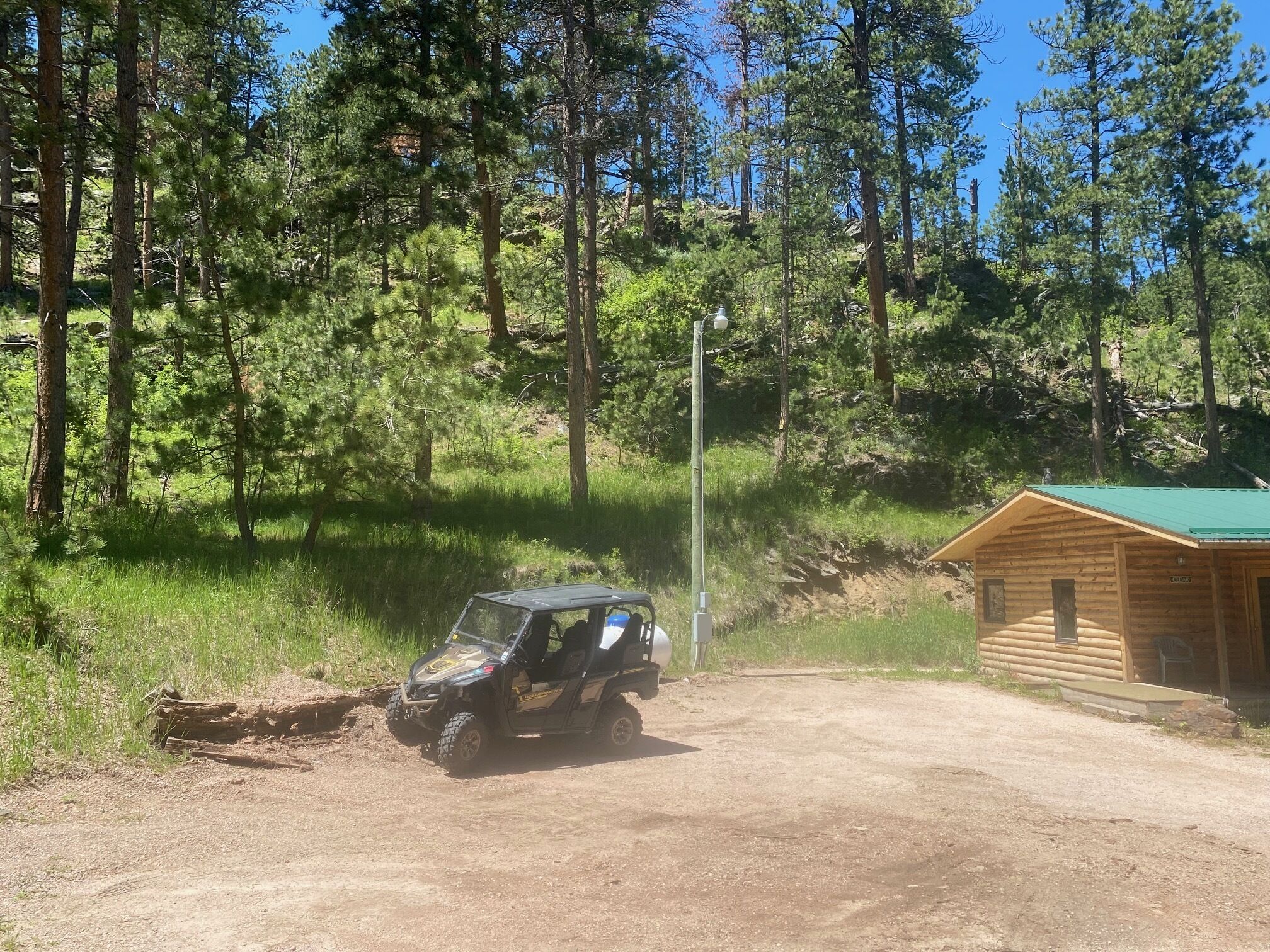 Un camino de tierra que lleva a una cabaña de madera con techo verde, rodeada de un bosque denso.