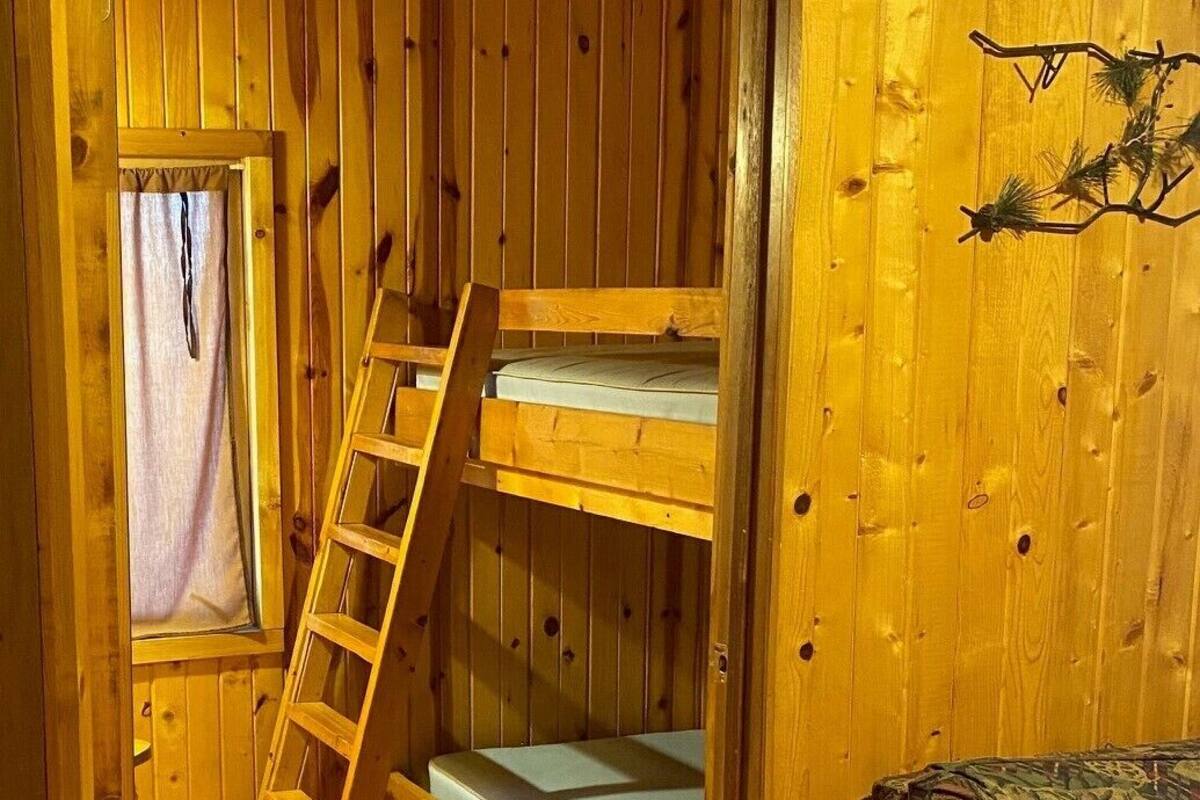 A wooden cabin interior with a bunk bed, a ladder, a window with a curtain, and a couch.