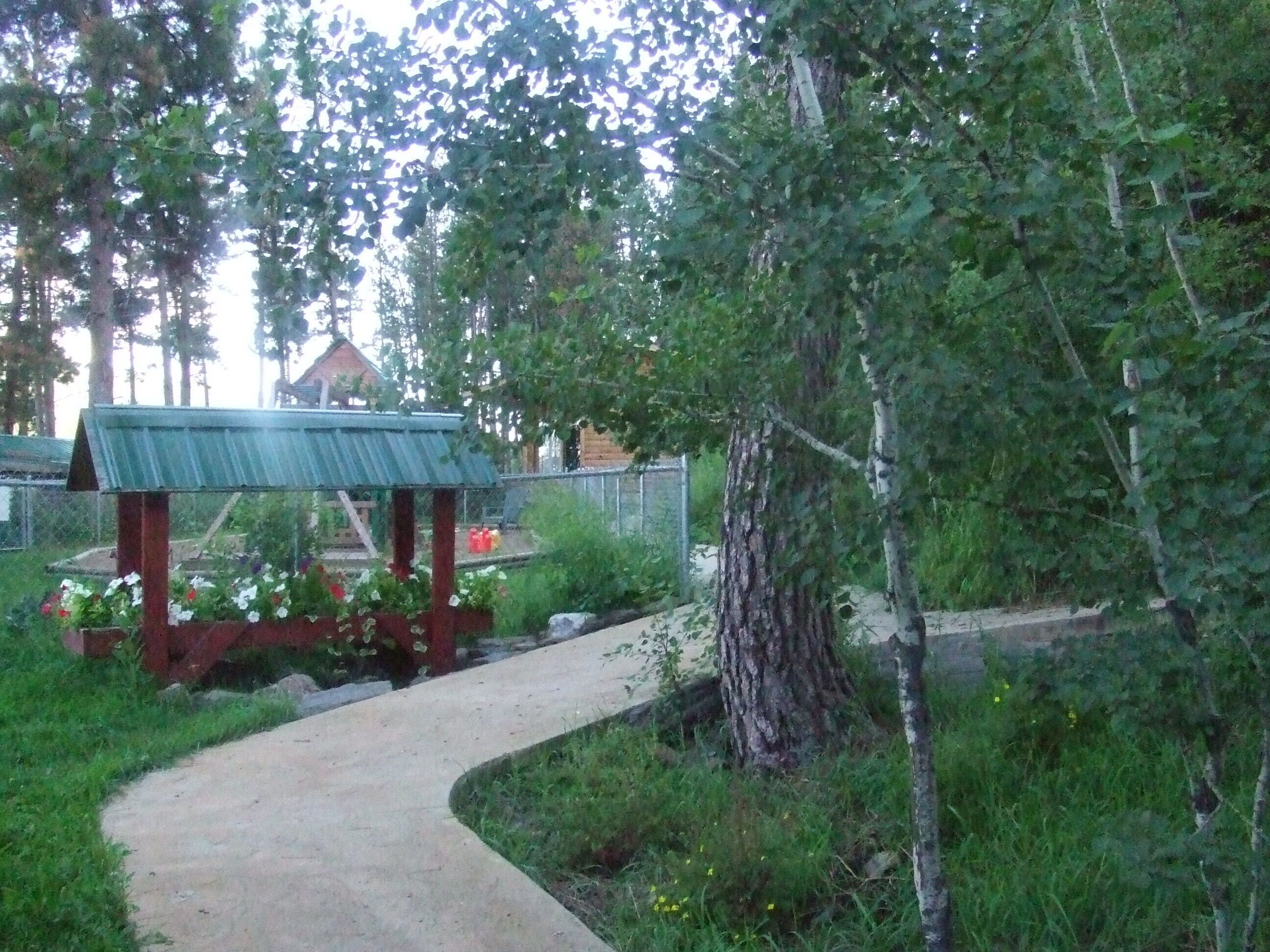 A garden pathway leading to a wooden gazebo with a metal roof, surrounded by lush greenery and a fence.