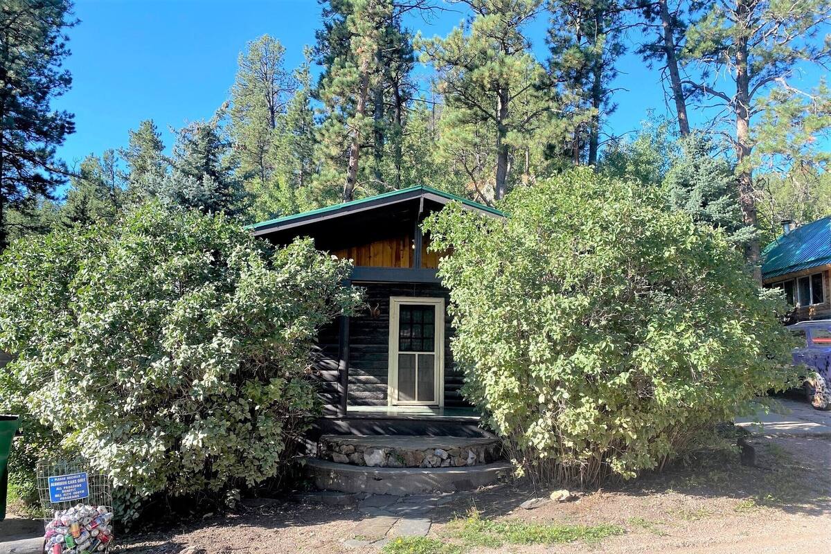 A cabin with a green roof, surrounded by dense trees and bushes.