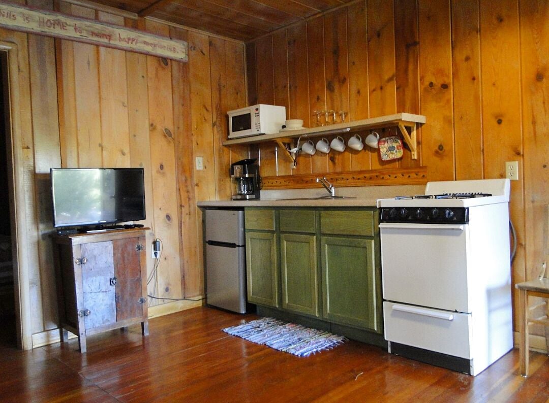 Cabin #1 | Private kitchen | Microwave, toaster, cookware/dishes/utensils, dining tables