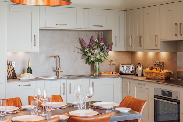 Full-size fridge, microwave, oven, stovetop