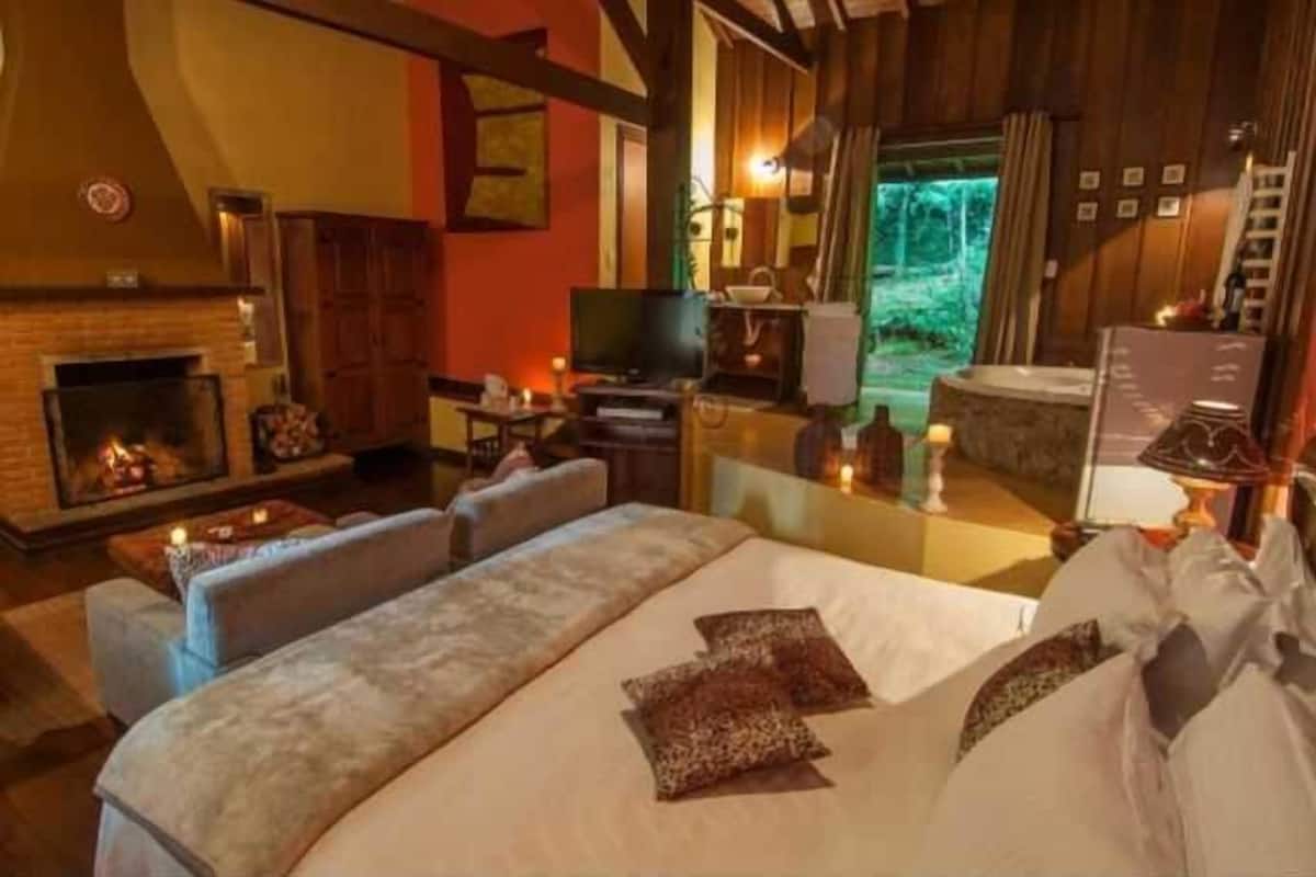 Um quarto aconchegante com lareira, cama com almofadas, televisão e vista para o exterior.