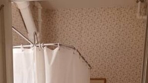 Une salle de bain avec une baignoire, des toilettes et un rideau de douche.