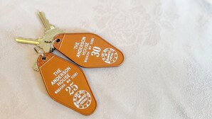 Two key tags with addresses and zip codes for The Anderson House in Wabasha, MN. - AH #36 · AH #36  Full x 2 w/Shower/Fridge/Micro (Wabasha)