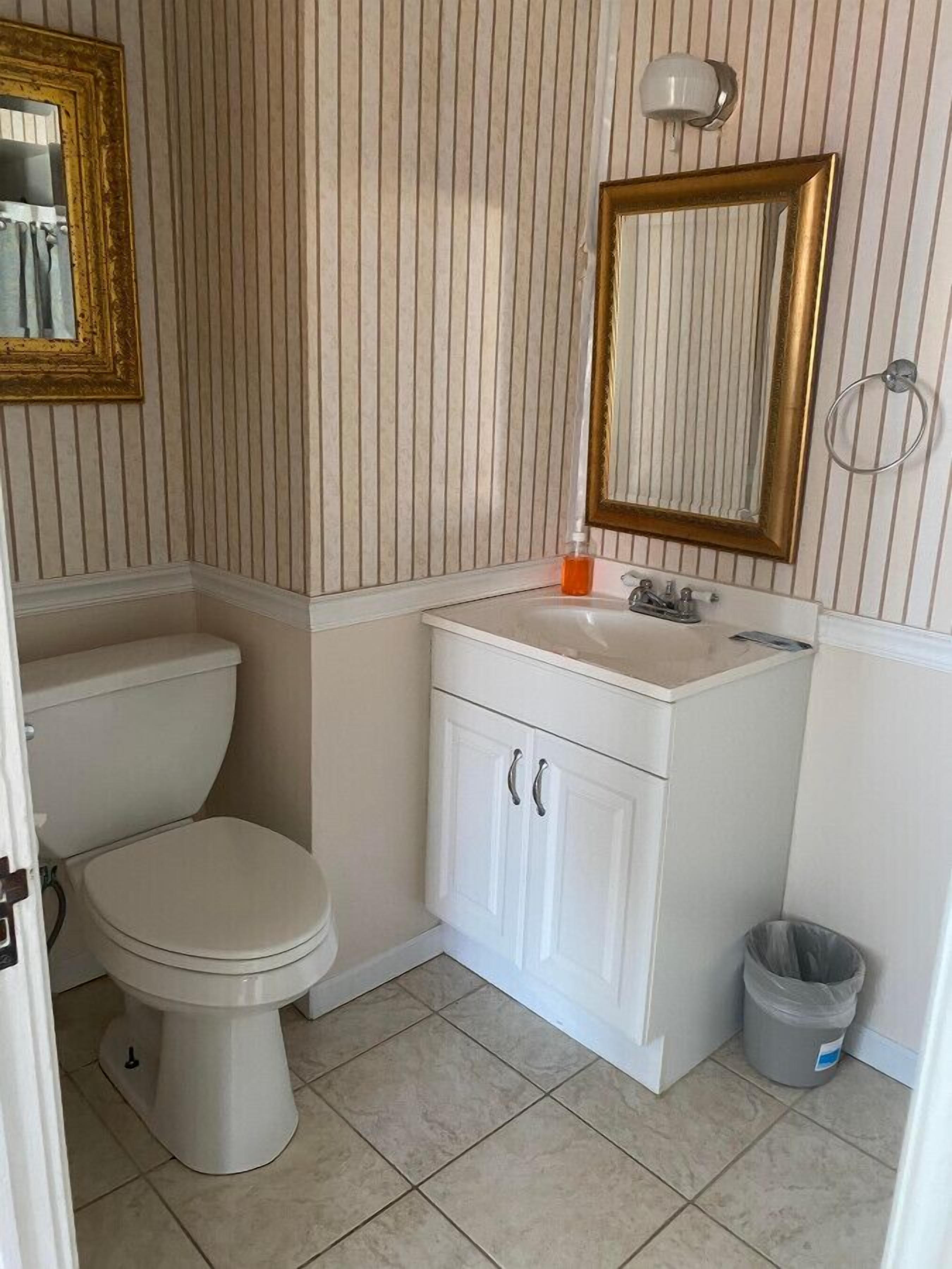Een badkamer met toilet, wastafel en spiegel.