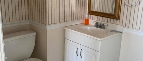Een badkamer met toilet, wastafel en spiegel.