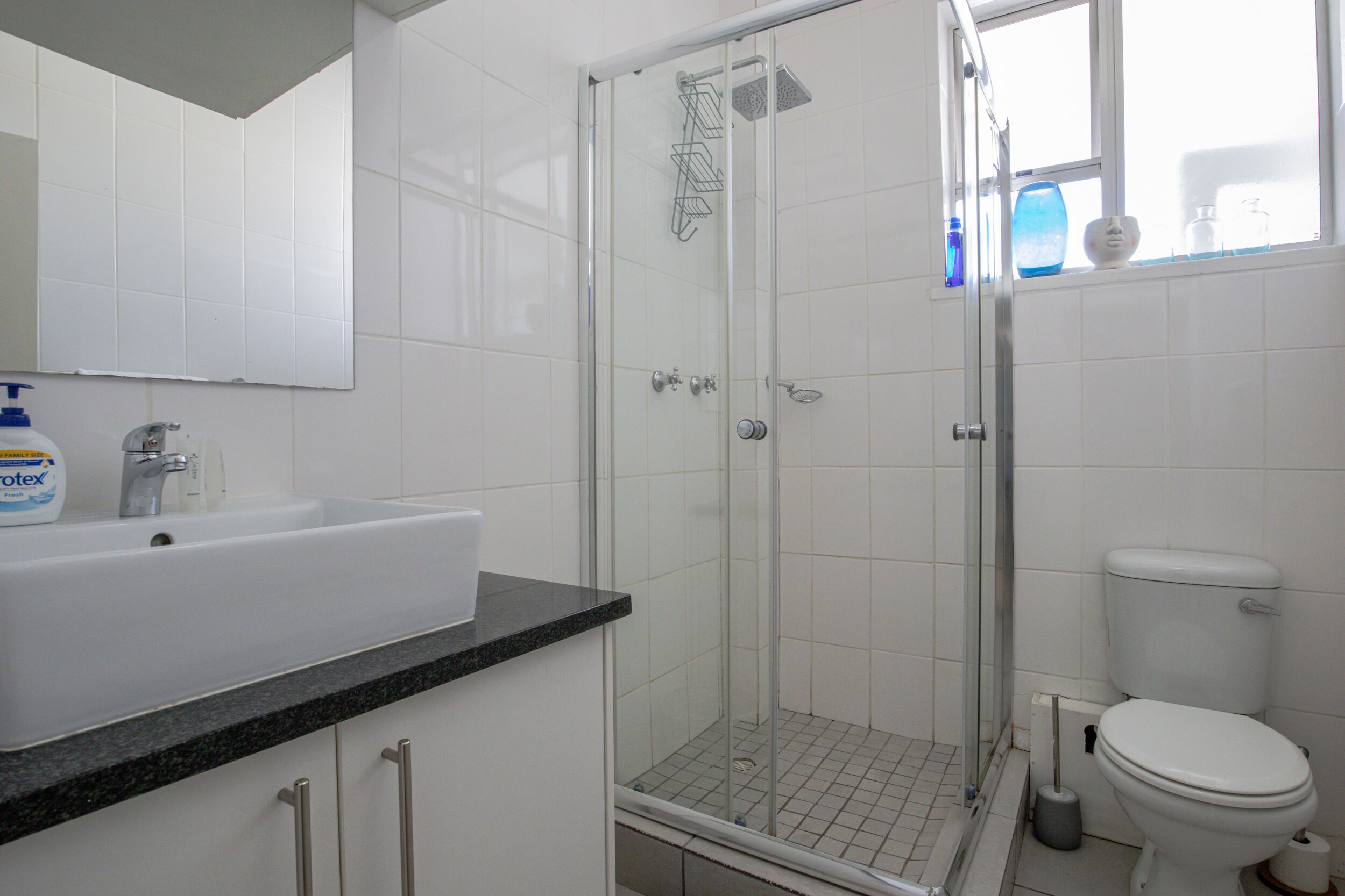 Un baño con ducha, inodoro, lavabo y espejo.