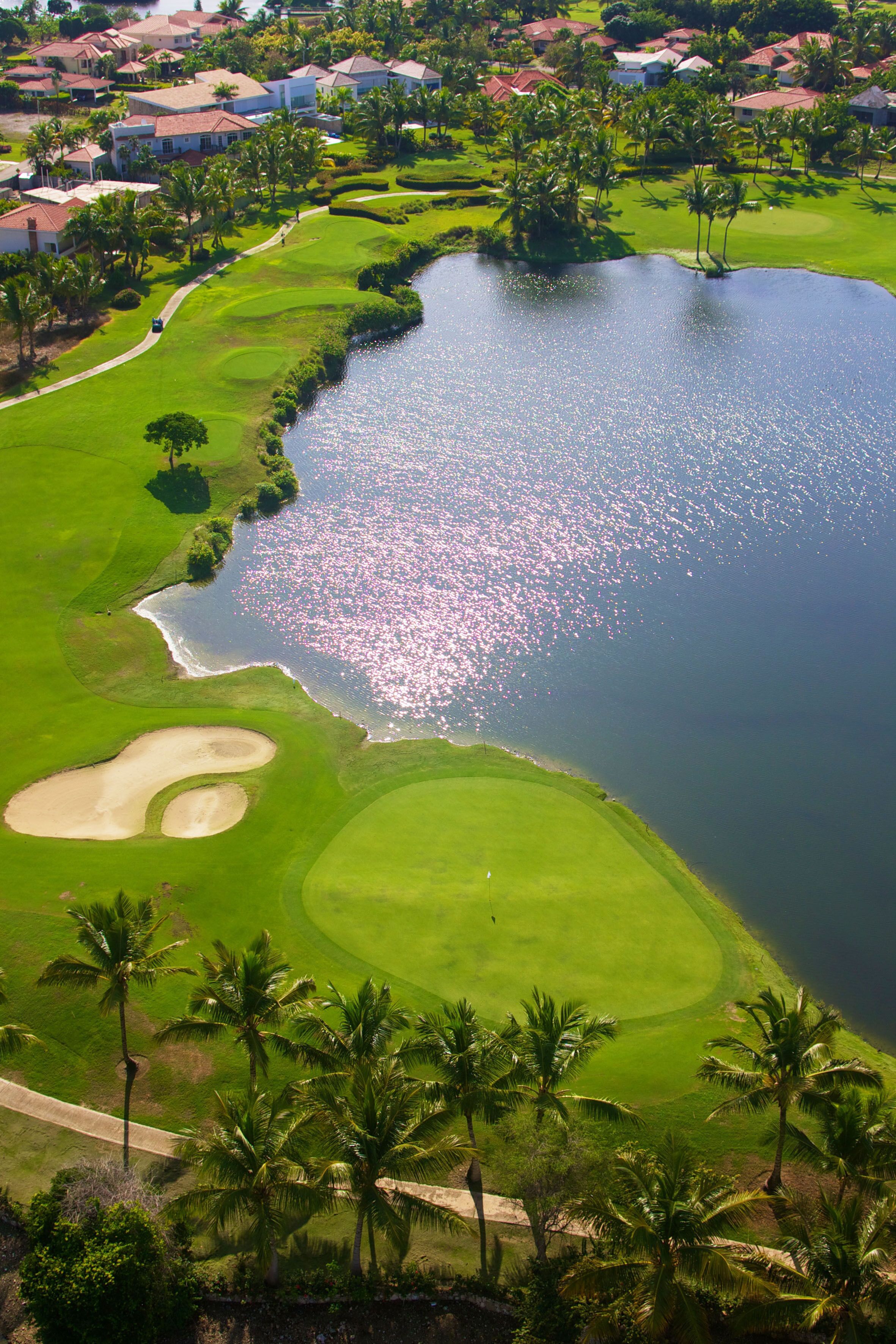 Een golfbaan met een waterpartij, palmbomen en woongebouwen op de achtergrond.