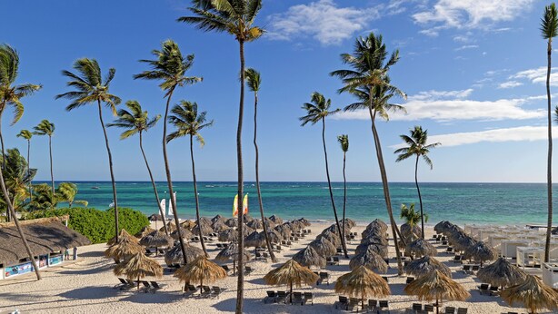 A beach with thatched umbrellas, sun loungers, and palm trees under a clear sky. - Paradisus Grand Cana - All Suites - All Inclusive (Punta Cana)